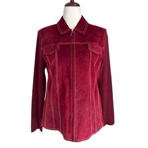 Coldwater Creek Red Leather & Knit Jacket Women’s 14 Zip Front Suede Wool Blend